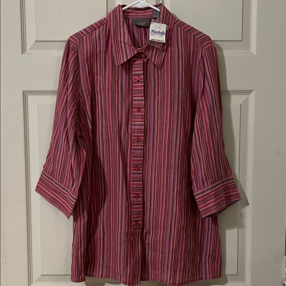 100% Linen Kenar Red and Pink plus size Striped Casual Button Down Shirt 1X